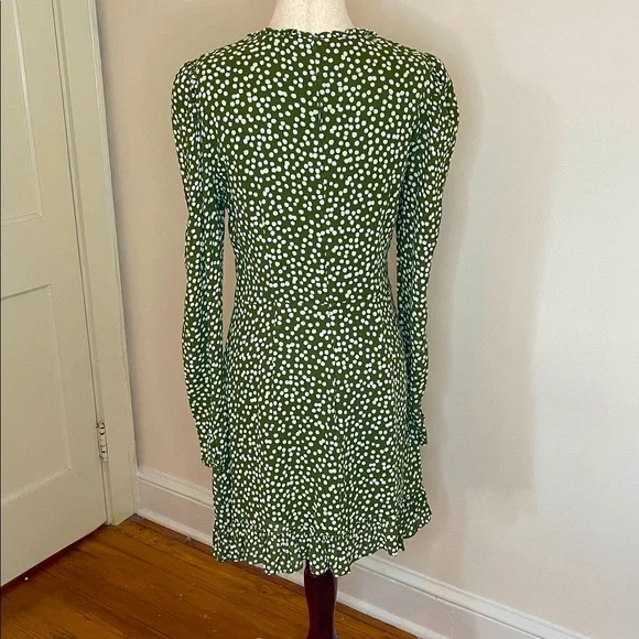 Reformation Marcy Mini Dress Green White Polka Dot Long Sleeve Size 8 - Picture 4 of 7